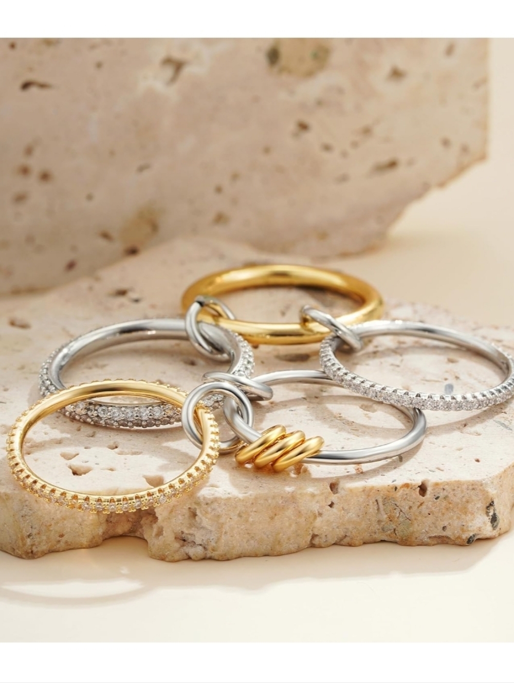 Gold & Silver Multi-Band Crystal Stackable Rings - Picture 3 of 6